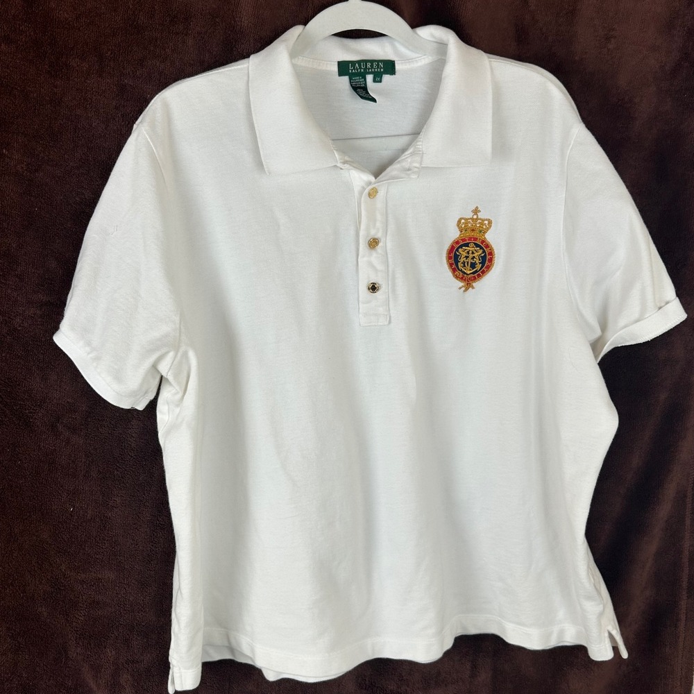 Lauren Ralph Lauren Womens White Crest Embroidered Polo Shirt Size 2X Cotton